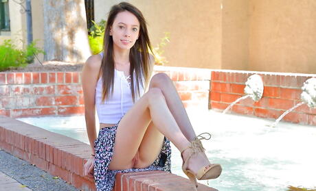 Sylphlike american dark-haired youthful Aria Haze in sexy skirt revealing tiny tits and toying her pussy at pool